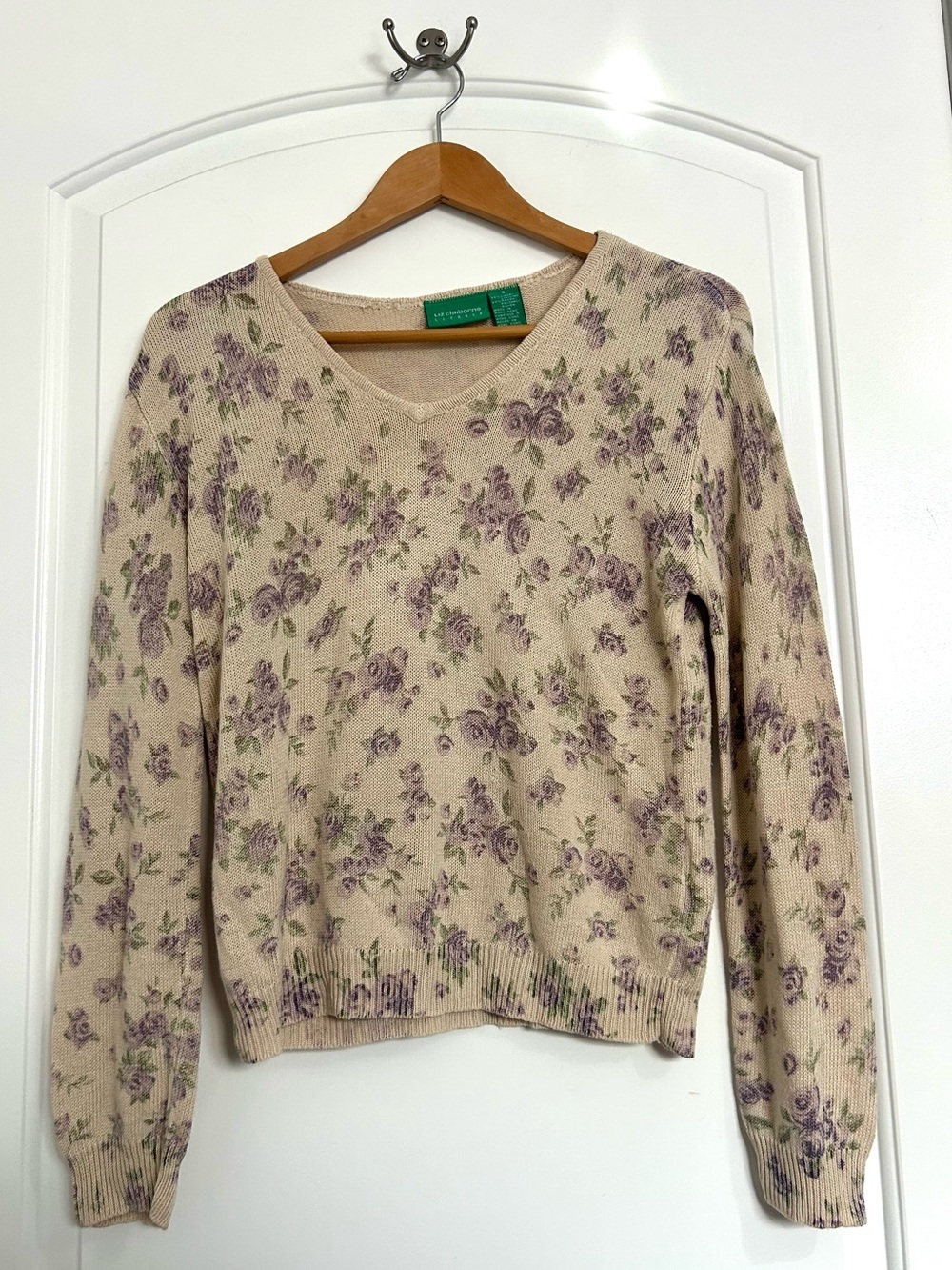 90s Vintage Floral Print Knit Sweater Linen Blend Size S Cottage Prairie Tweed